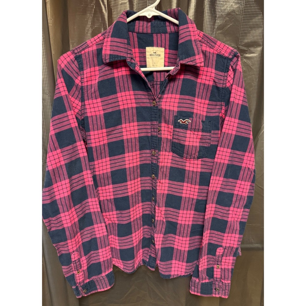 Hollister Pink & Navy Blue Button-up Lightweight Flannel SZ Large 100% Cotton